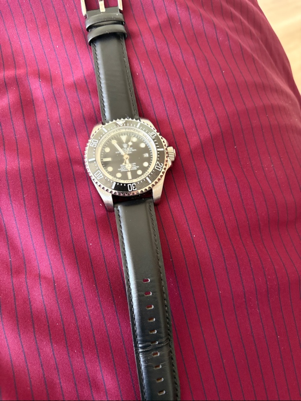 Rolex Black Dial Stainless Diver Watch on Black Leather